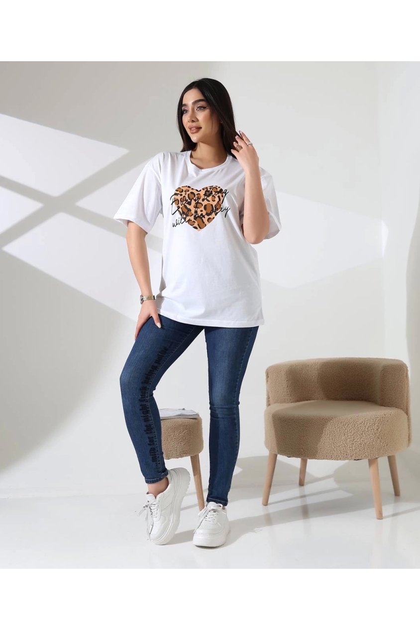 Leopar kalp baskılı tişört