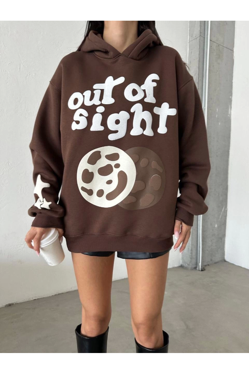 3 iplik şardonlu oversize compact out of baskılı sweat kahve