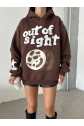 3 iplik şardonlu oversize compact out of baskılı sweat kahve