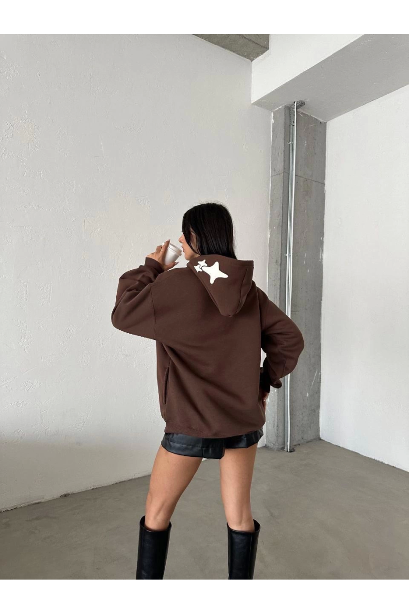 3 iplik şardonlu oversize compact out of baskılı sweat kahve