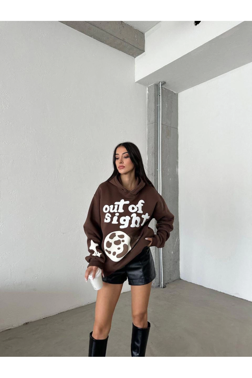 3 iplik şardonlu oversize compact out of baskılı sweat kahve