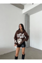 3 iplik şardonlu oversize compact out of baskılı sweat kahve