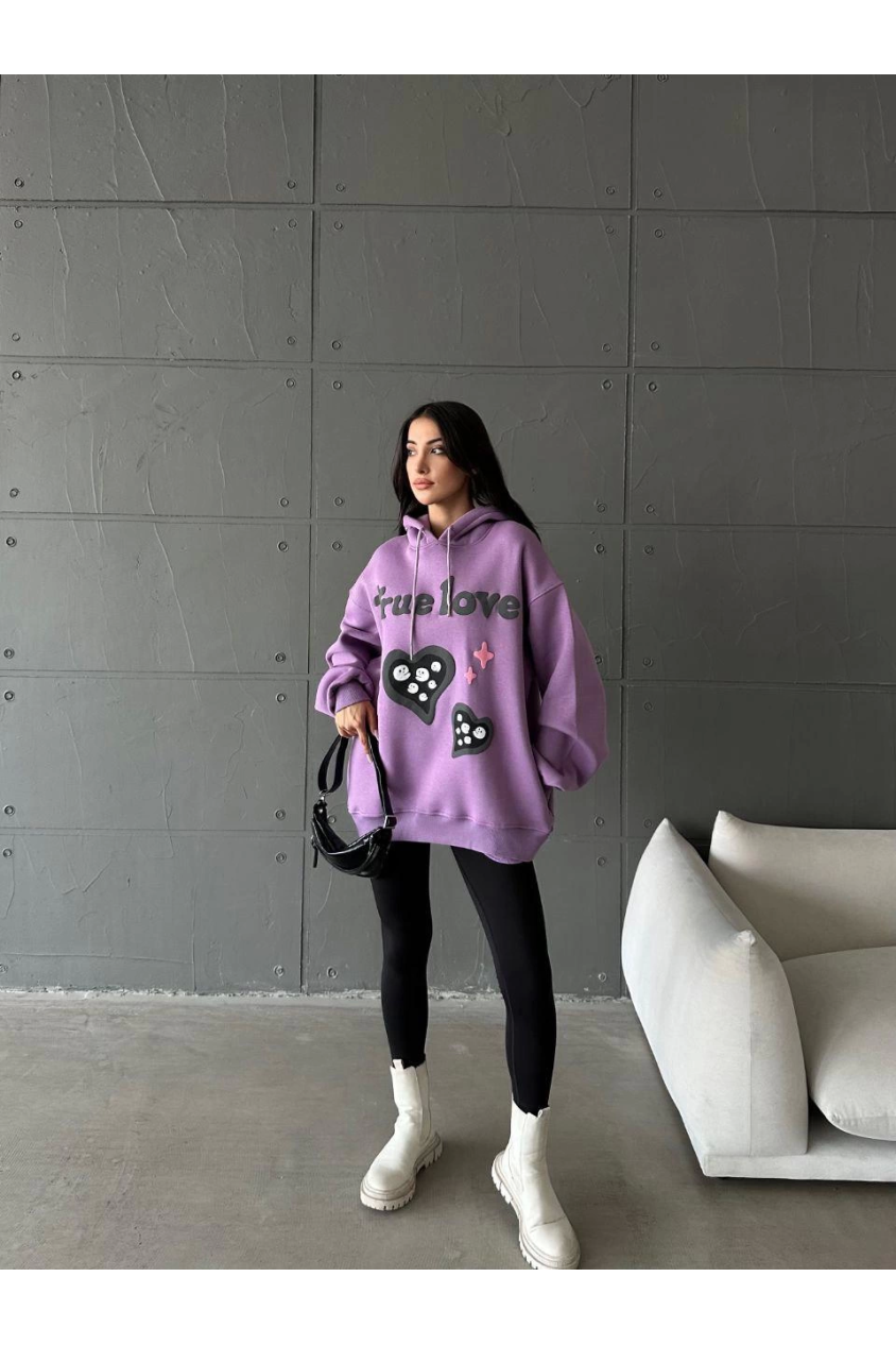 3 iplik şardonlu oversize  true baskılı sweat mor