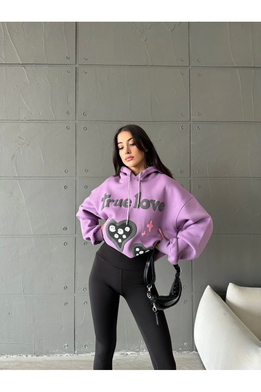 3 iplik şardonlu oversize  true baskılı sweat mor