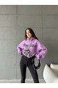 3 iplik şardonlu oversize  true baskılı sweat mor