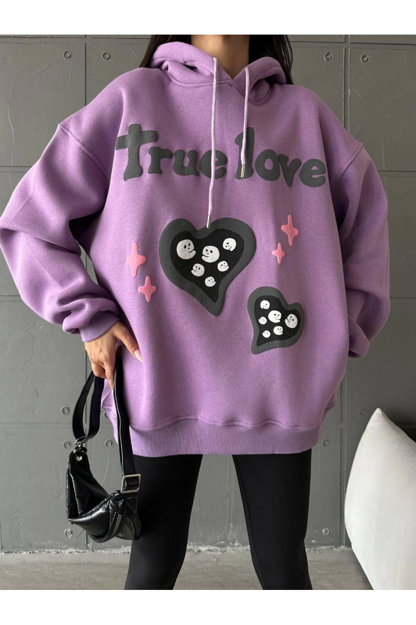 3 iplik şardonlu oversize  true baskılı sweat mor