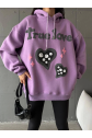 3 iplik şardonlu oversize  true baskılı sweat mor
