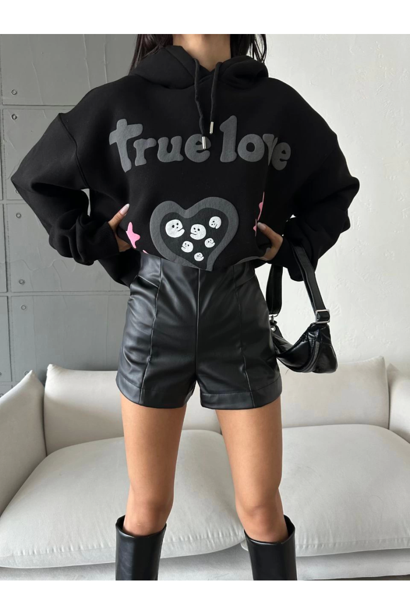 3 iplik şardonlu oversize true baskılı sweat siyah