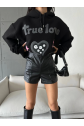 3 iplik şardonlu oversize true baskılı sweat siyah