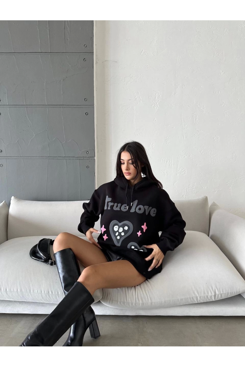 3 iplik şardonlu oversize true baskılı sweat siyah