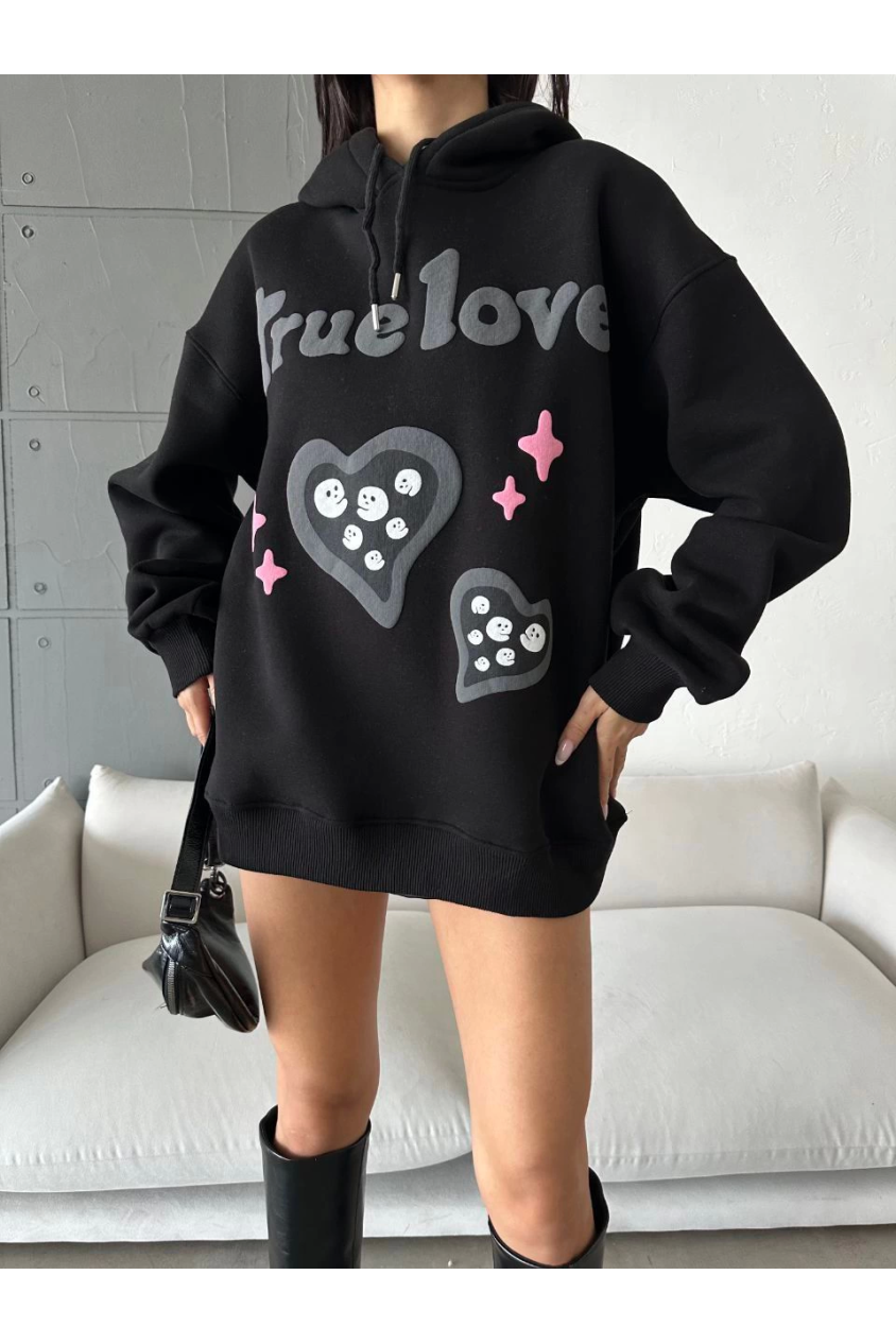 3 iplik şardonlu oversize true baskılı sweat siyah