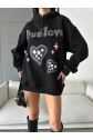 3 iplik şardonlu oversize true baskılı sweat siyah