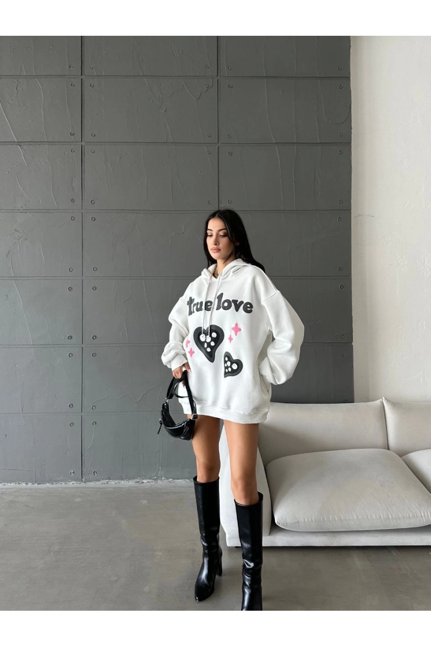 3 iplik şardonlu oversize compact true baskılı sweat beyaz