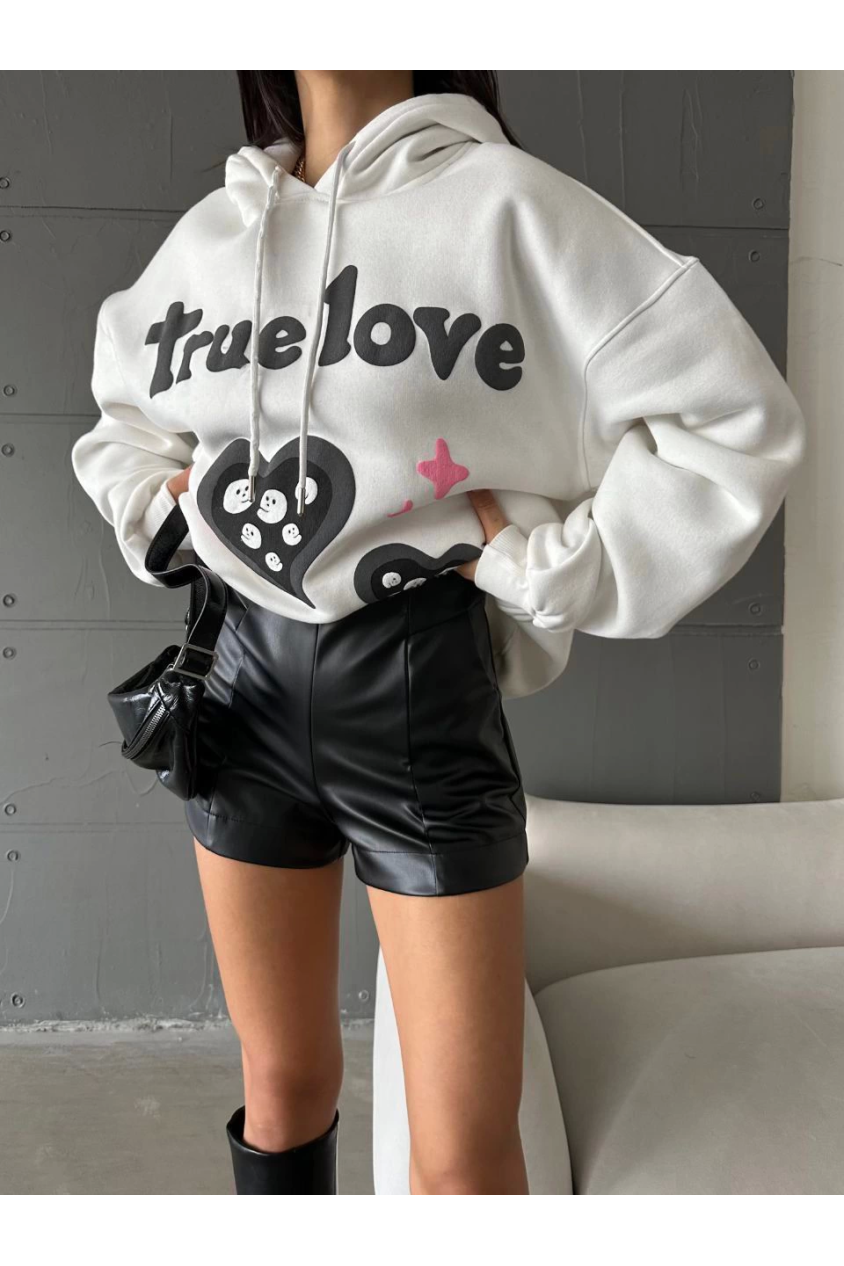 3 iplik şardonlu oversize compact true baskılı sweat beyaz