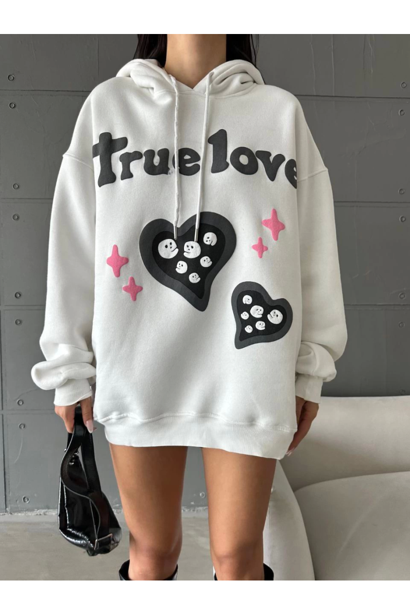 3 iplik şardonlu oversize compact true baskılı sweat beyaz