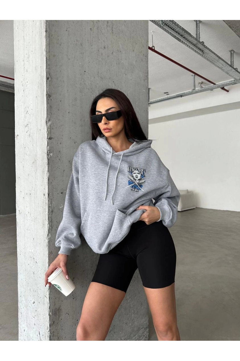 3 iplik şardonlu oversize compact kafa baskılı sweat gri