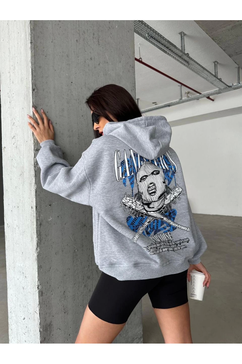 3 iplik şardonlu oversize compact kafa baskılı sweat gri