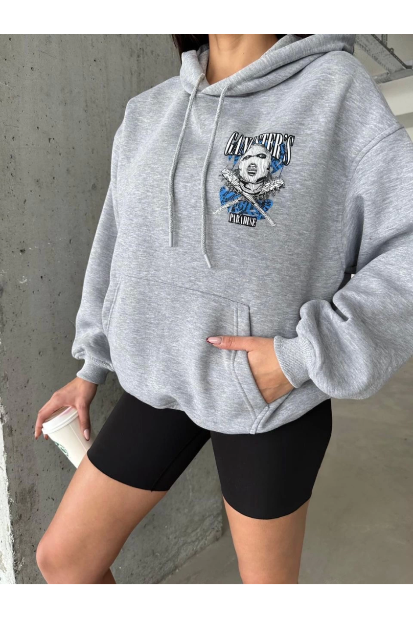 3 iplik şardonlu oversize compact kafa baskılı sweat gri