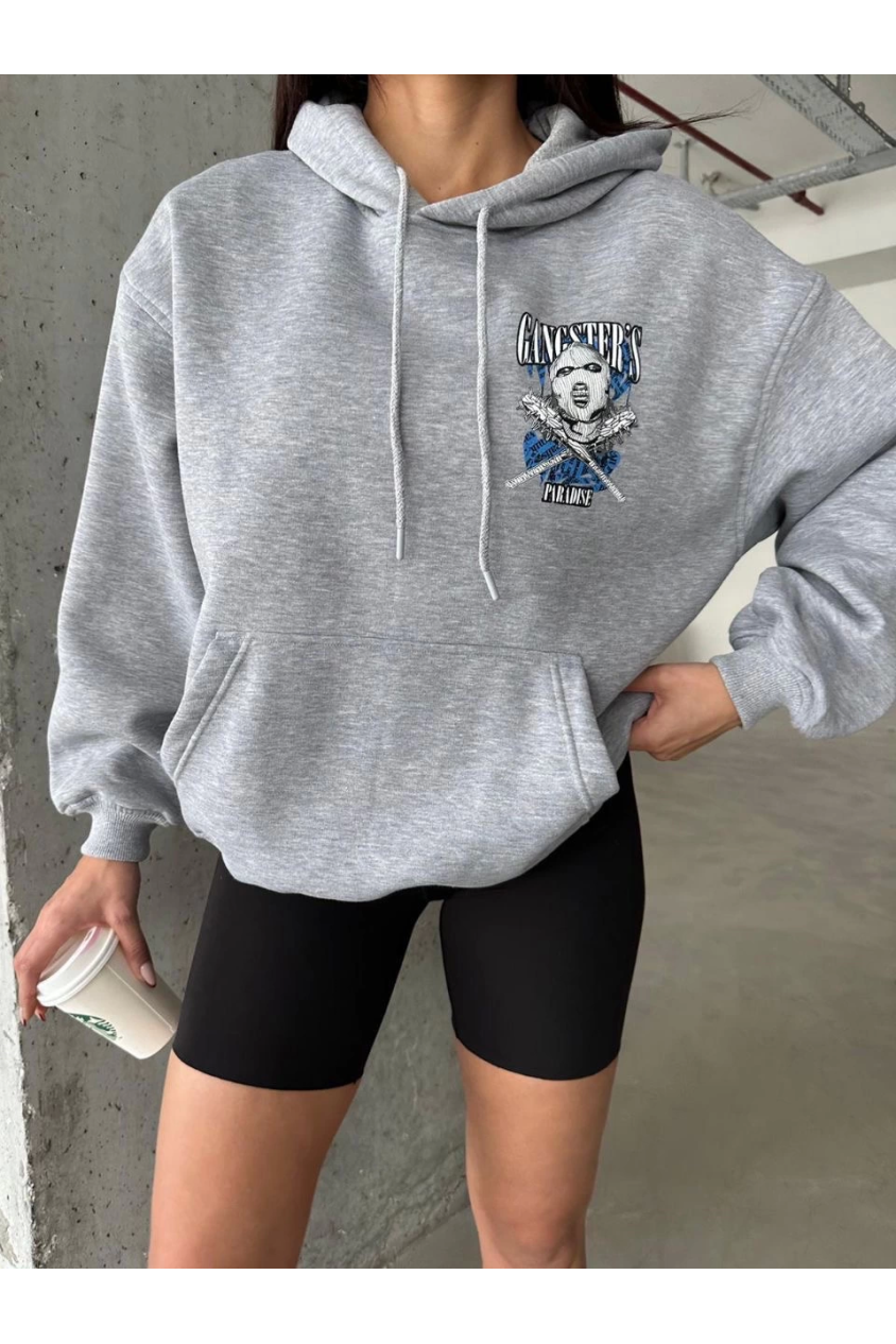 3 iplik şardonlu oversize compact kafa baskılı sweat gri