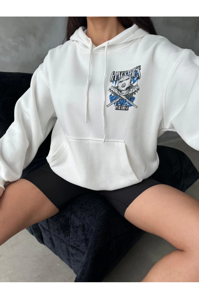 3 iplik şardonlu oversize compact kafa baskılı sweat beyaz