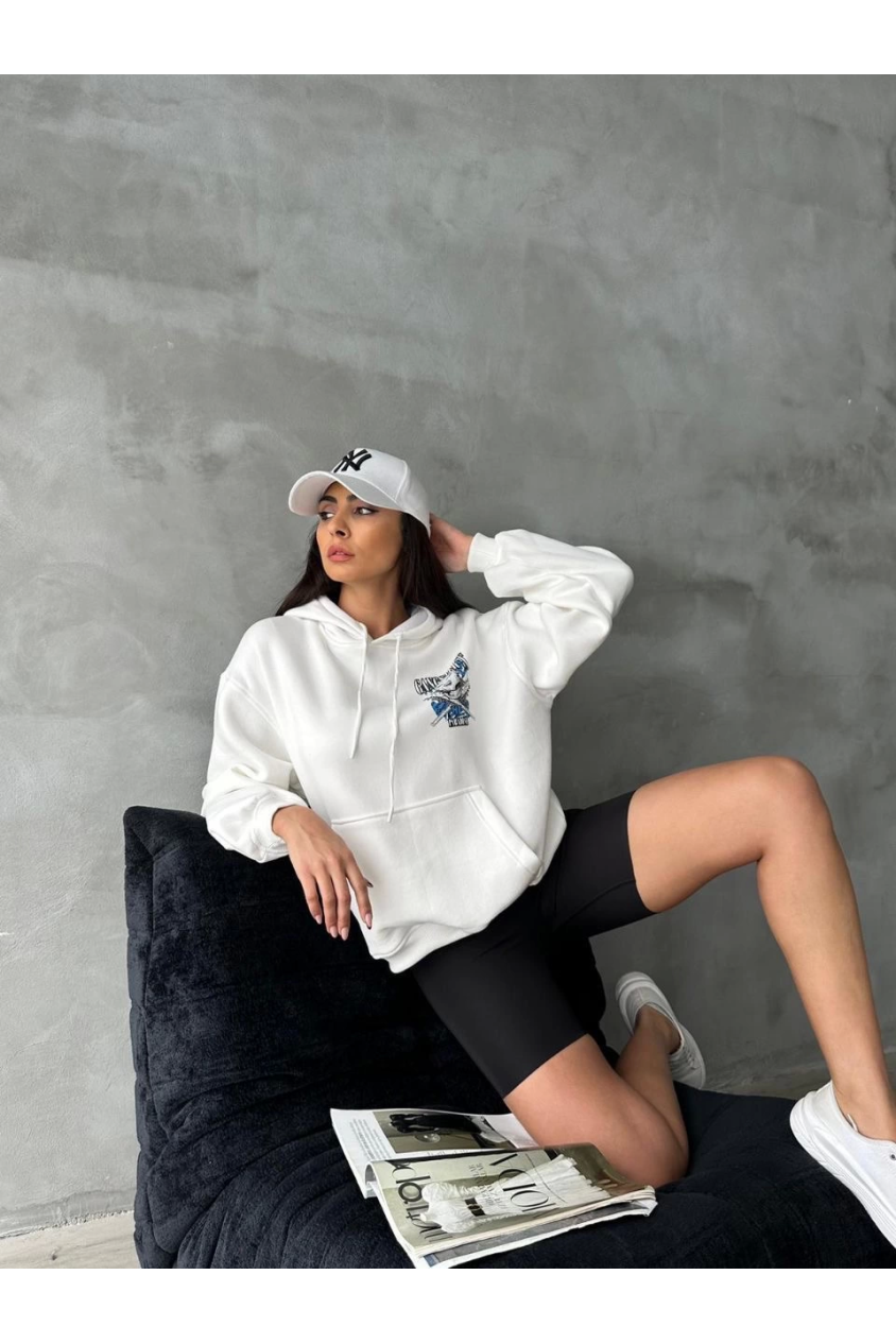 3 iplik şardonlu oversize compact kafa baskılı sweat beyaz