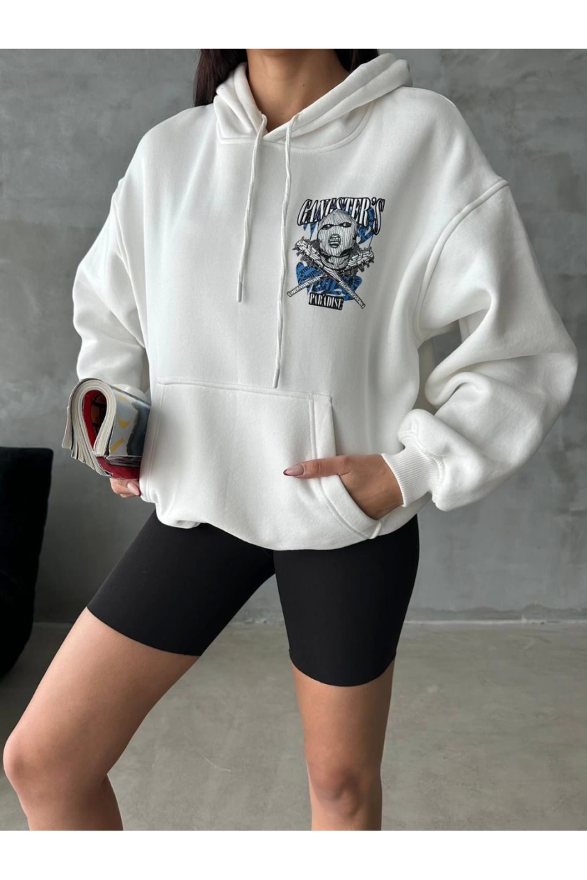 3 iplik şardonlu oversize compact kafa baskılı sweat beyaz