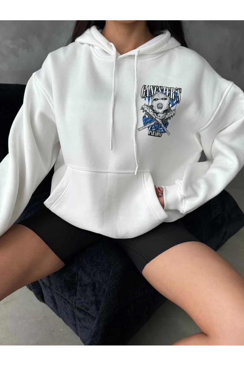 3 iplik şardonlu oversize compact kafa baskılı sweat beyaz