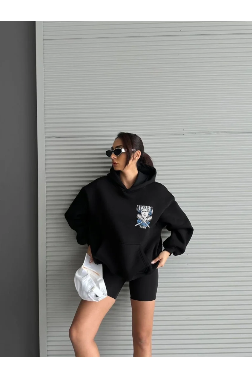 3 iplik şardonlu oversize compact kafa baskılı sweat siyah