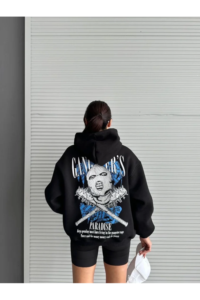 3 iplik şardonlu oversize compact kafa baskılı sweat siyah