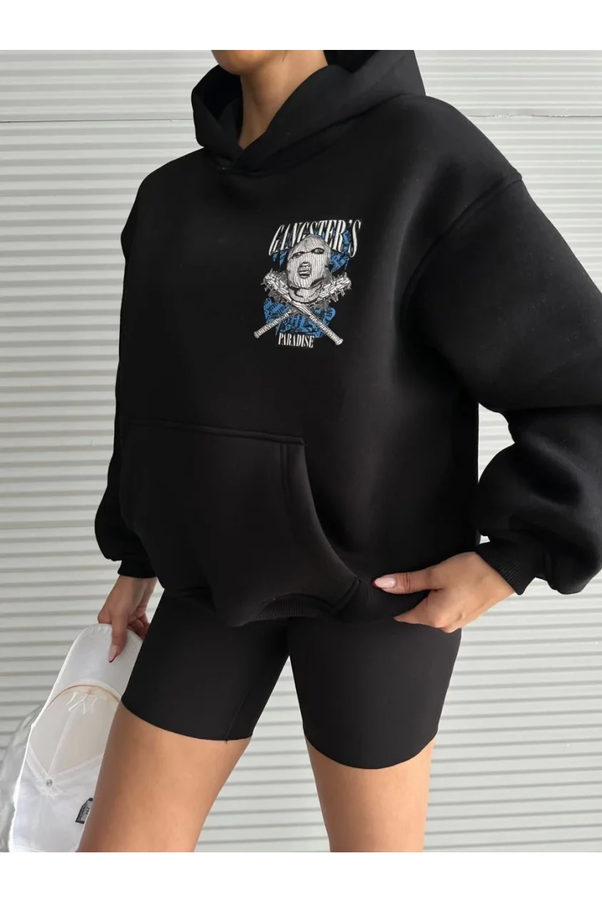 3 iplik şardonlu oversize compact kafa baskılı sweat siyah