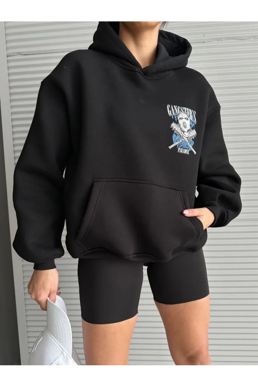 3 iplik şardonlu oversize compact kafa baskılı sweat siyah