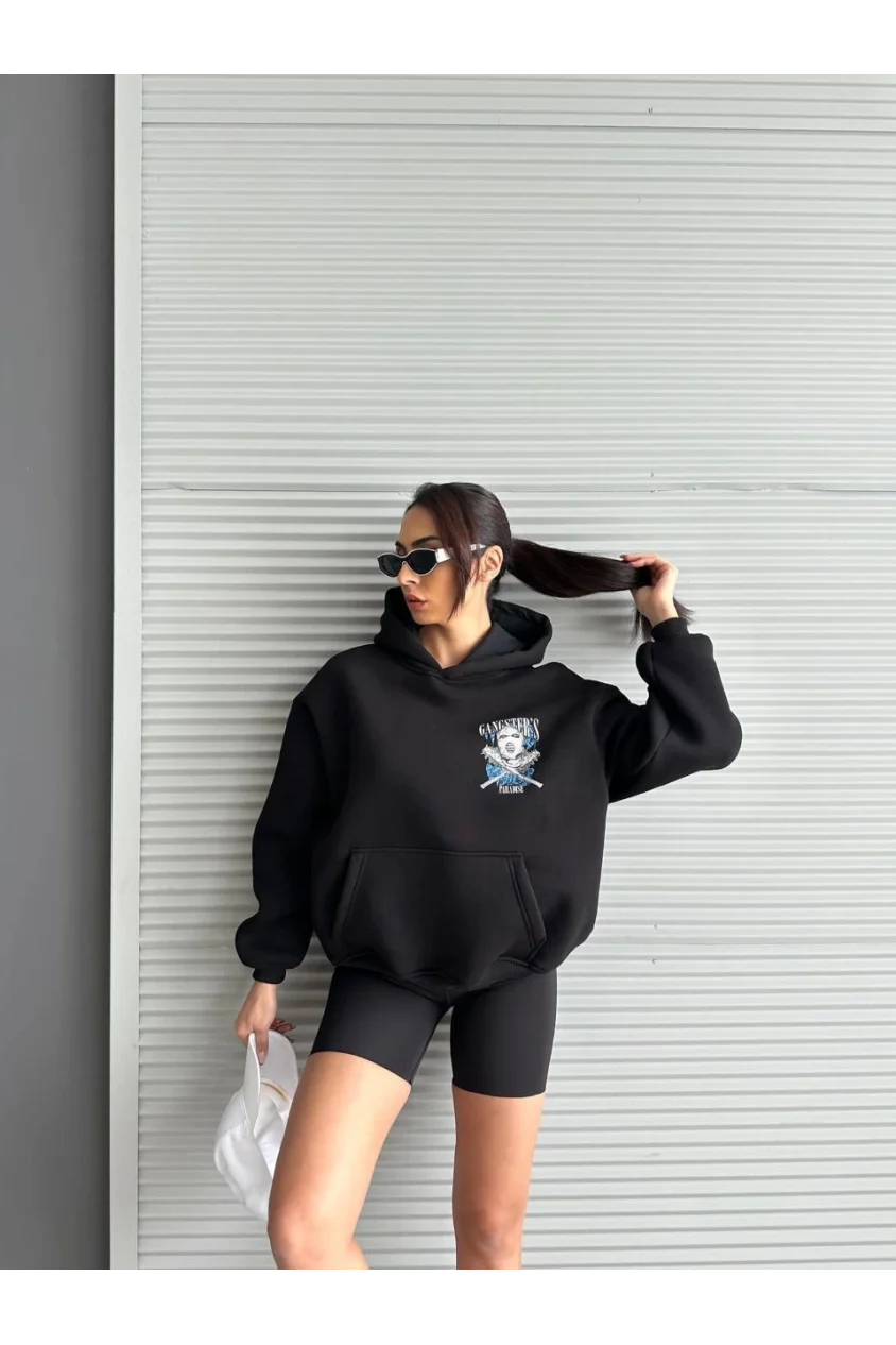 3 iplik şardonlu oversize compact kafa baskılı sweat siyah