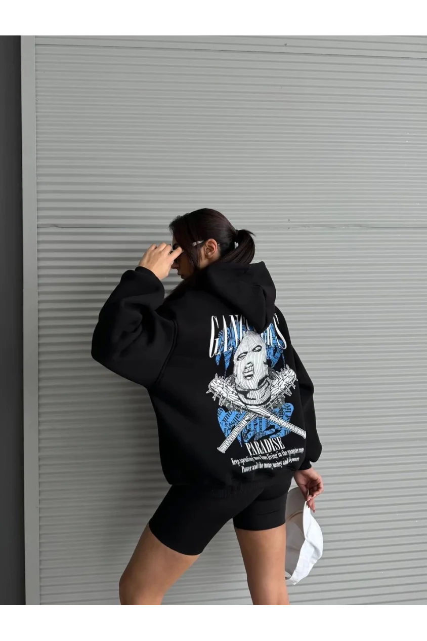 3 iplik şardonlu oversize compact kafa baskılı sweat siyah