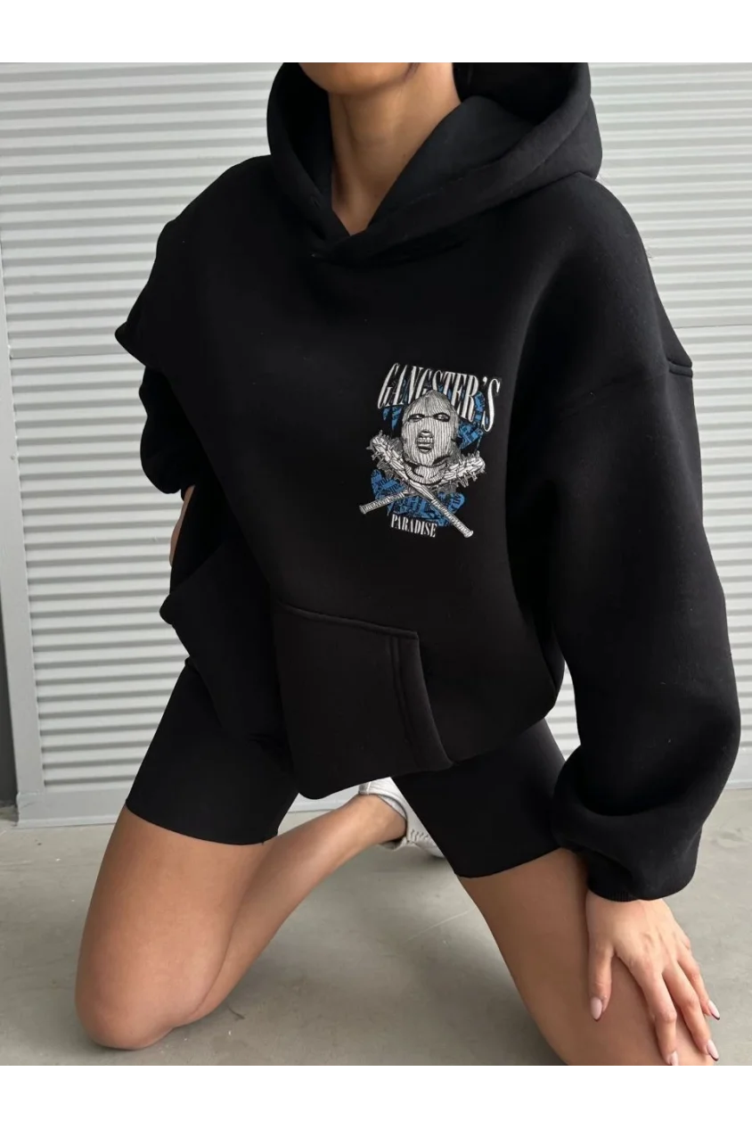 3 iplik şardonlu oversize compact kafa baskılı sweat siyah