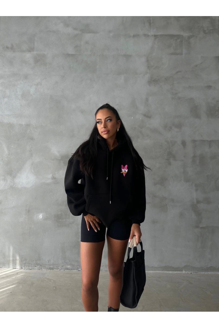 3 iplik şardonlu oversize compact ördek baskılı sweat siyah