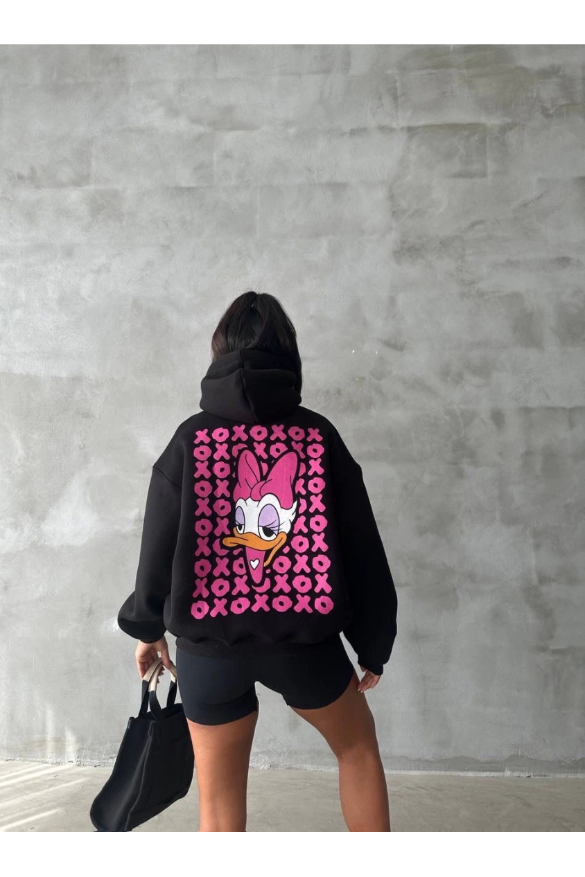 3 iplik şardonlu oversize compact ördek baskılı sweat siyah