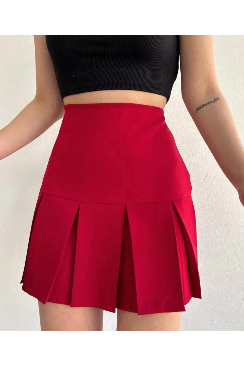 Altı geniş pileli etek bordo s24729