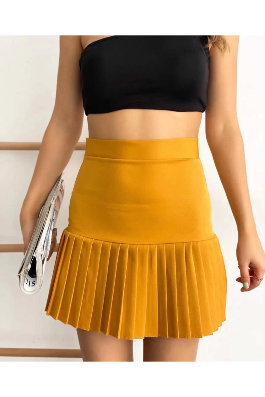 Altı pliseli mini etek hardal s24705