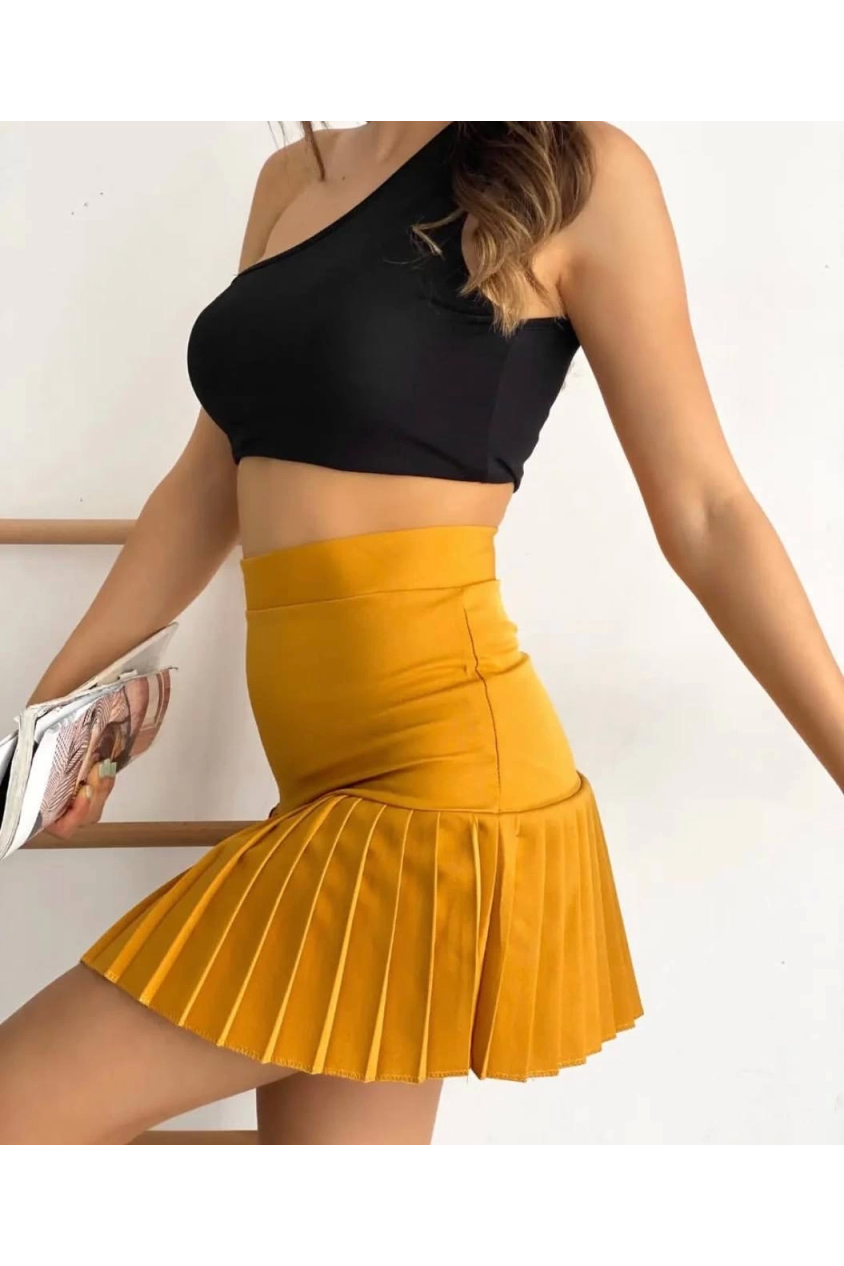 Altı pliseli mini etek hardal s24705