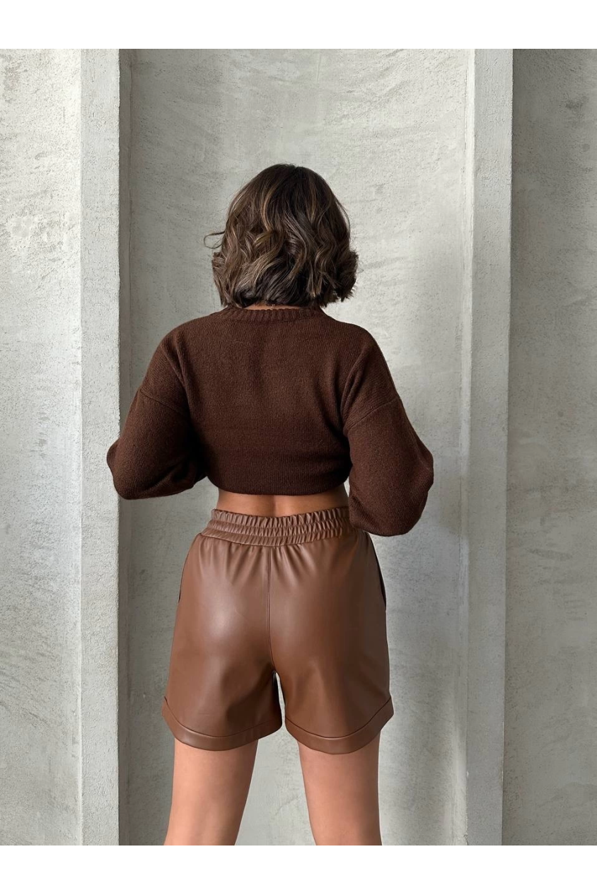 Beli lastikli çıtçıtlı deri şort kahve w241007