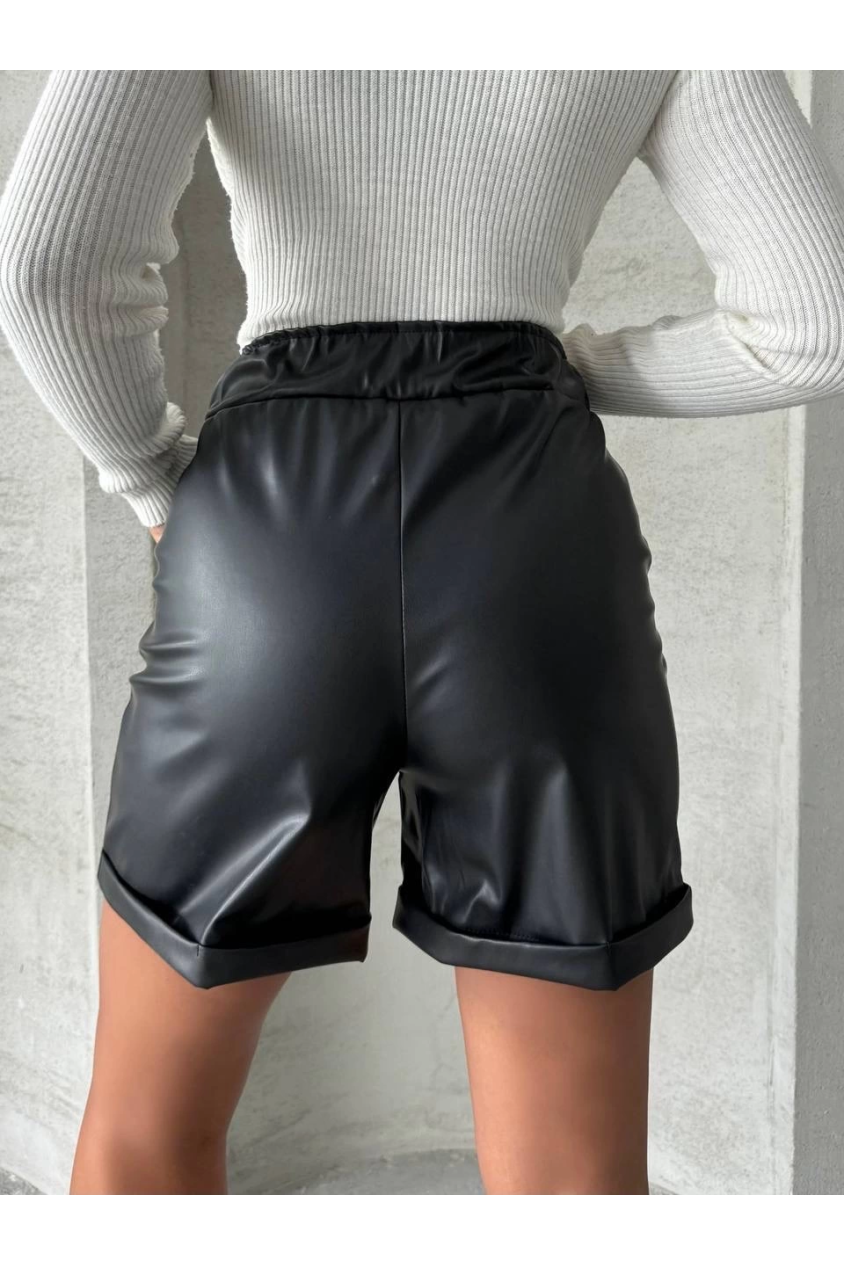 Beli lastikli duble paça deri şort siyah w24755