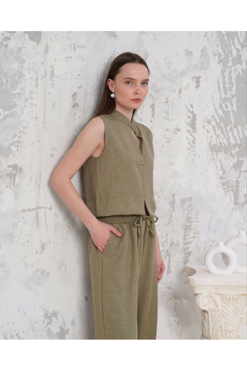 Broşlu yelek pantolon takım haki s255821