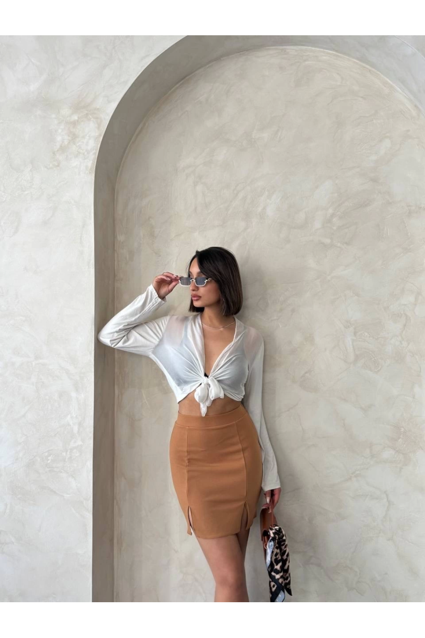 Çift yırtmaçlı etek camel s25910