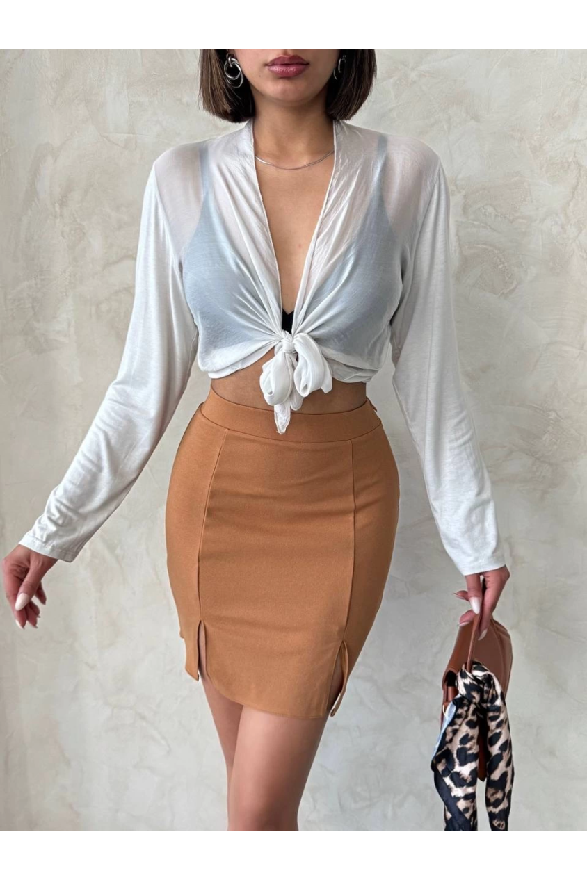 Çift yırtmaçlı etek camel s25910