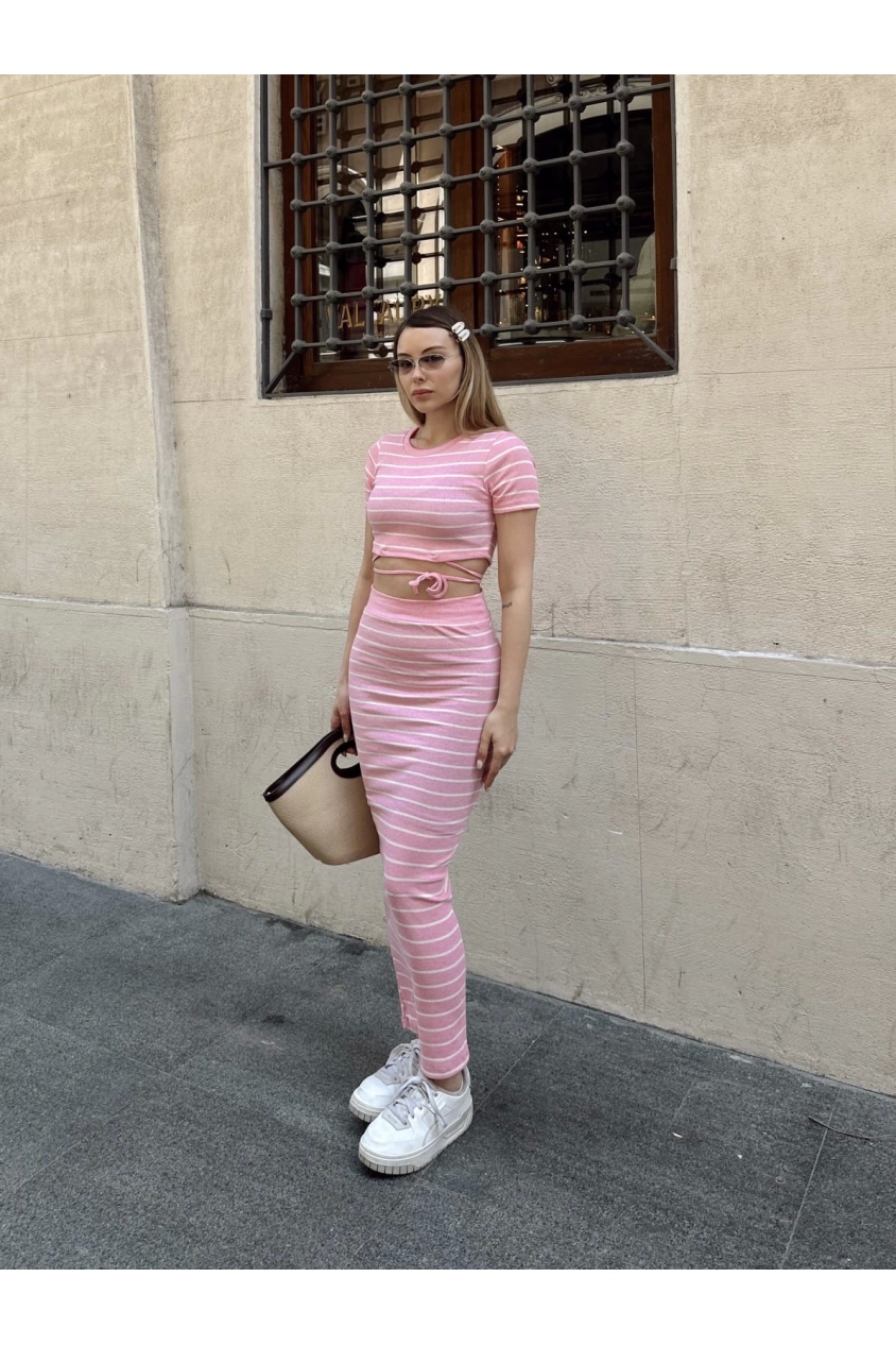 Çizgili etekli takım pembe s3609