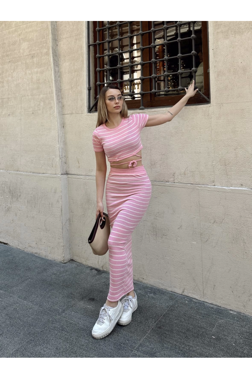 Çizgili etekli takım pembe s3609