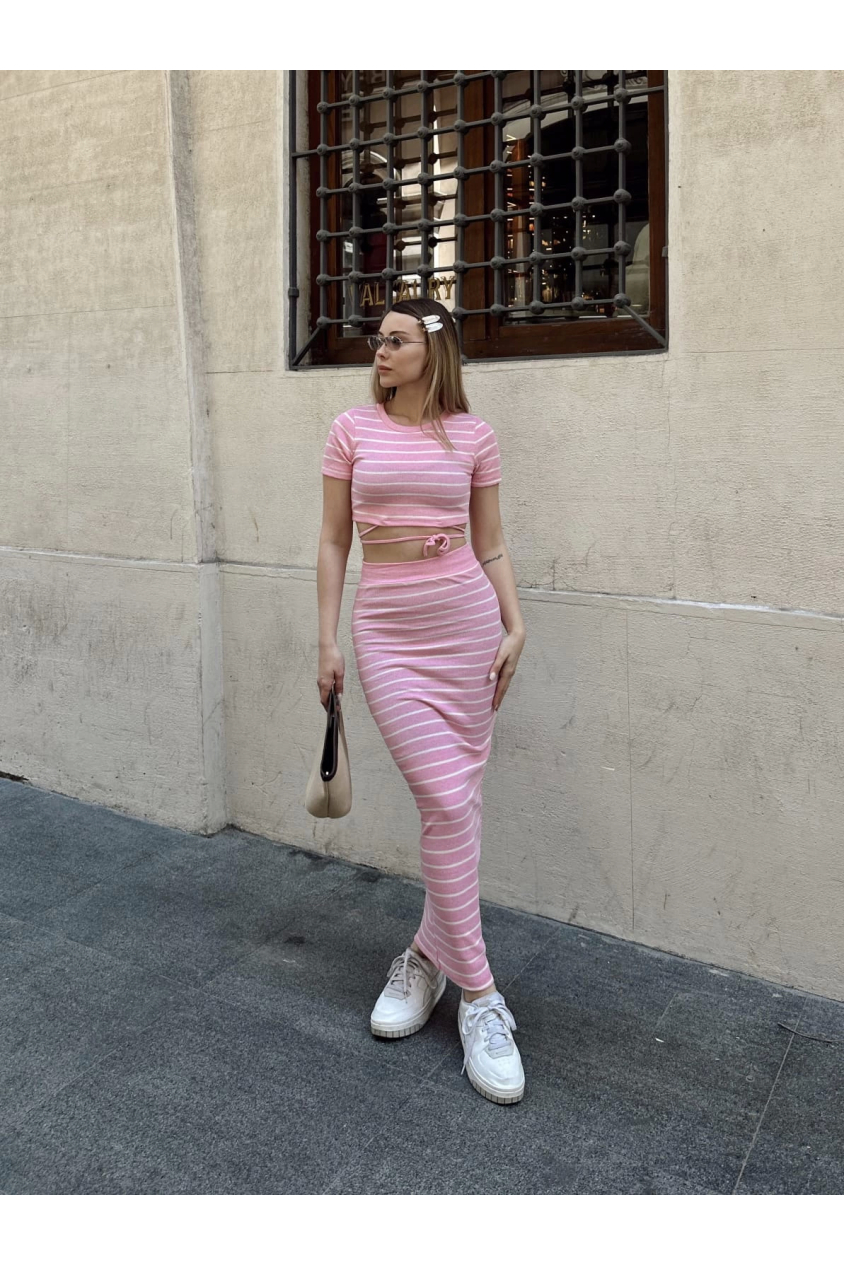 Çizgili etekli takım pembe s3609