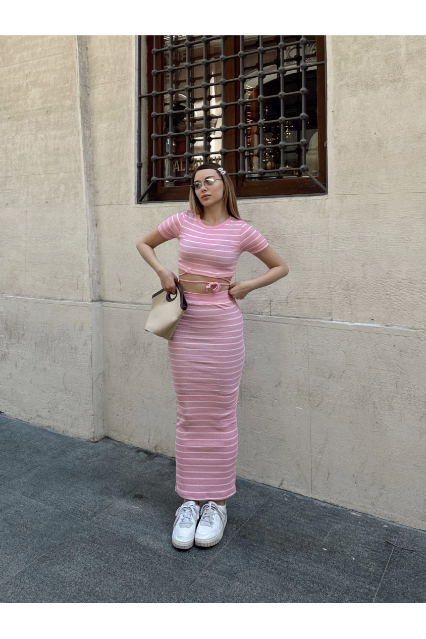 Çizgili etekli takım pembe s3609