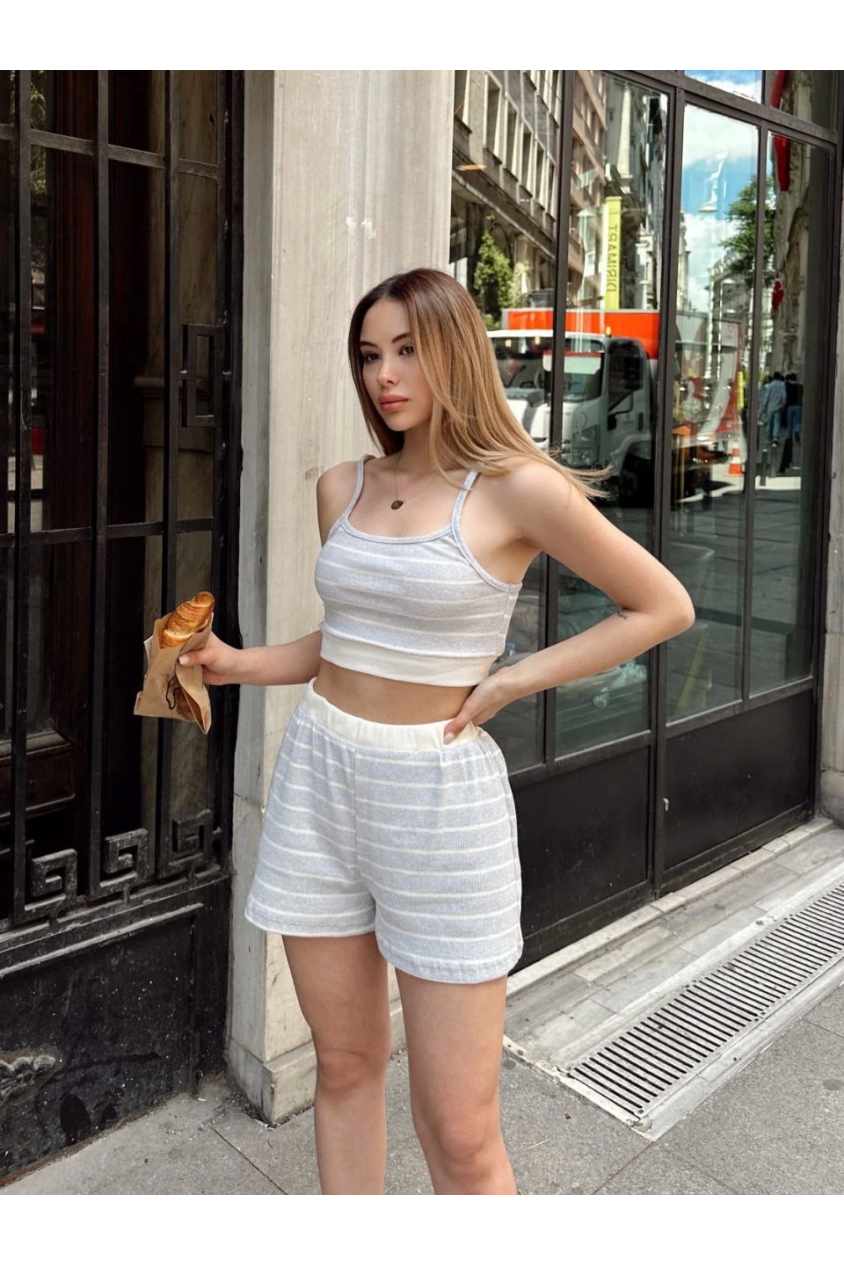 Çizgili şortlu takım gri s3978