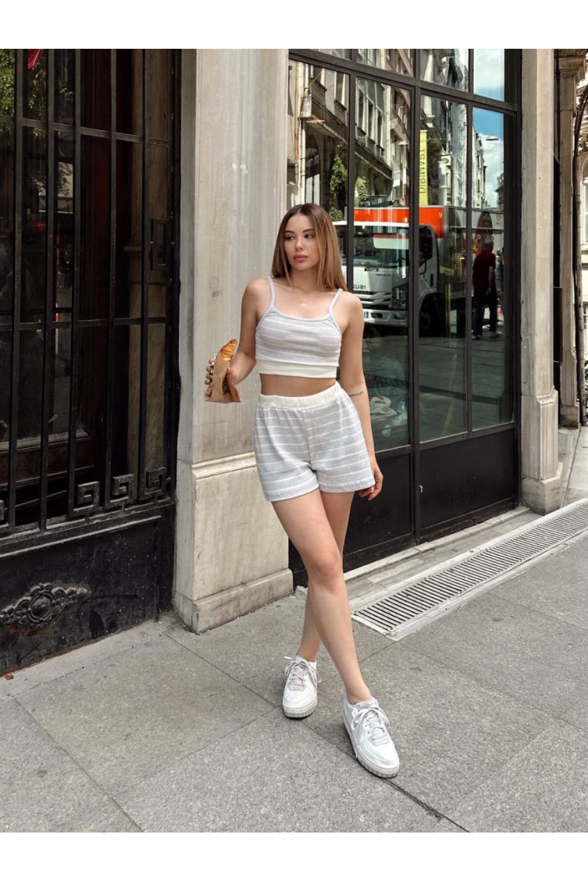 Çizgili şortlu takım gri s3978
